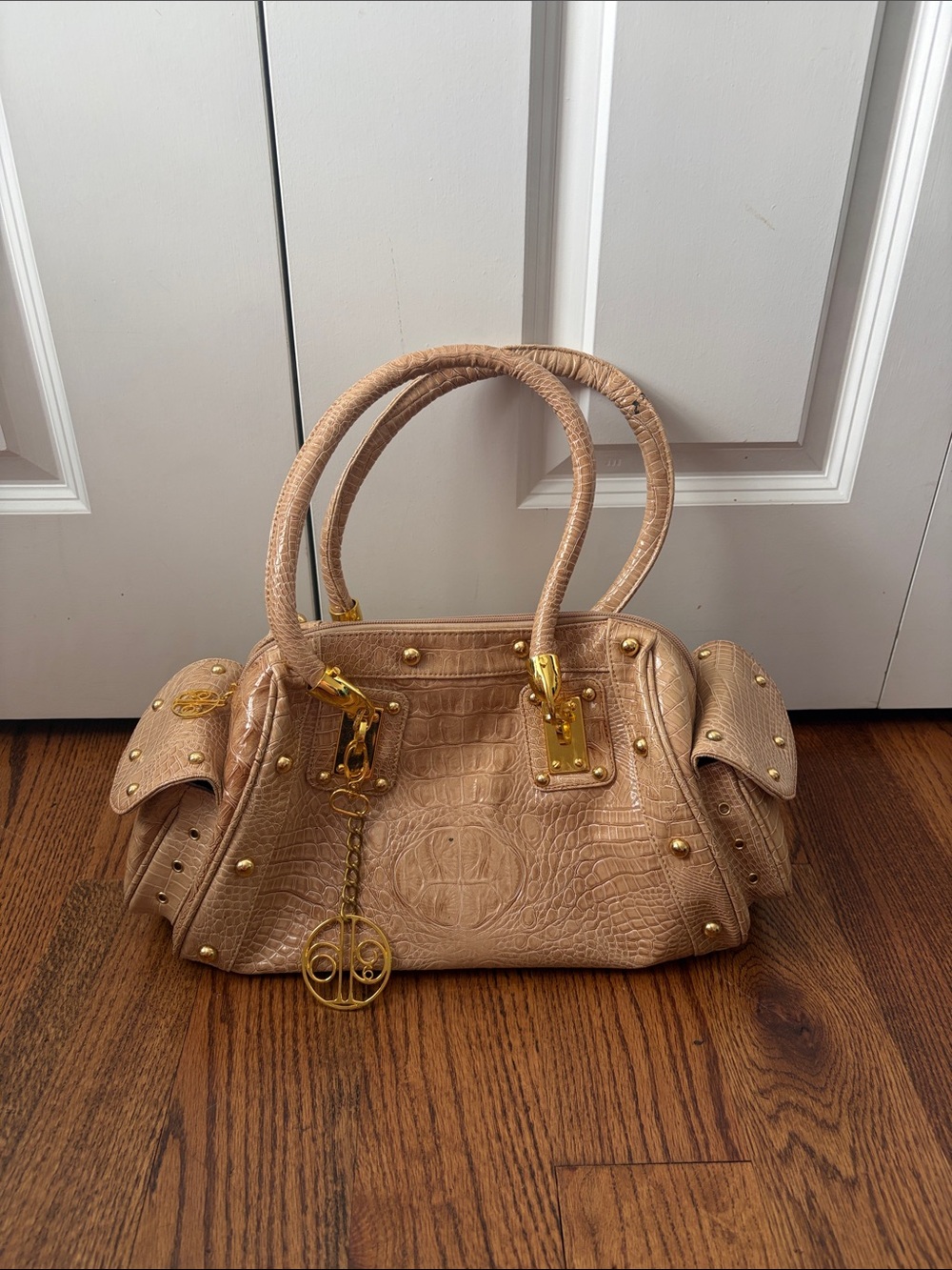 Calla Beige Croc-Embossed Satchel Handbag with Gold Hardware